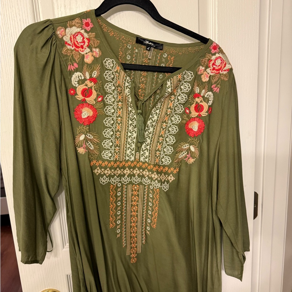 ANDREE BY UNIT Olive Dress with Floral Embroidery
